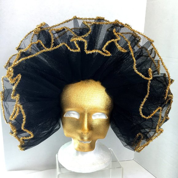 Vintage Venetian Gold Fabric Mask w/ Blk Net Ruffles NOS NWOT - Picture 1 of 15